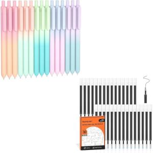 Shuttle Art School & Work Supplies Bundle, 11 Pack Pastel Shifting Gel Ink Pens in black ink, 0.5mm Tip + 30 Pack Black Retractable Gel Pen Refills 0.7mm Fine Point for Writing Journaling Taking Notes