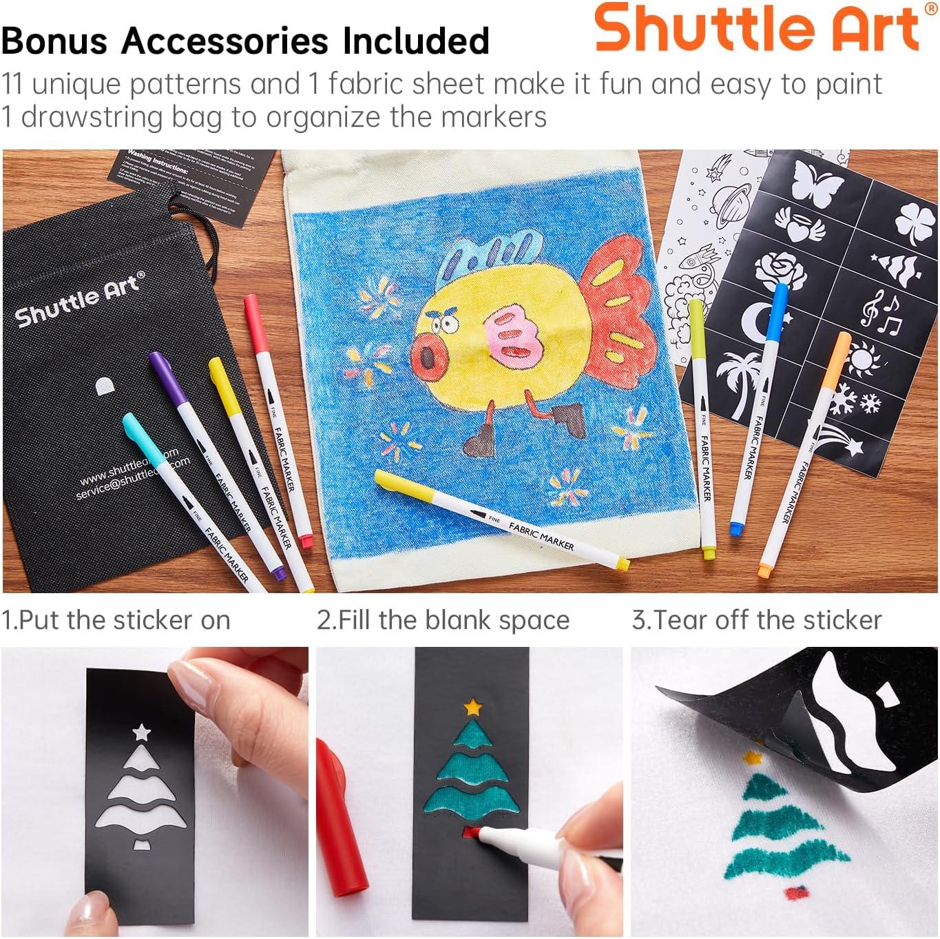 image:imageShuttle Art 28 Colors Fabric Markers Shirt Permanent Markers for Clothes Sneakers Jeans with 11 Stencils 1 Fabric Sheet Fabric Pens for Kids Adult Painting Writing Pack of 2