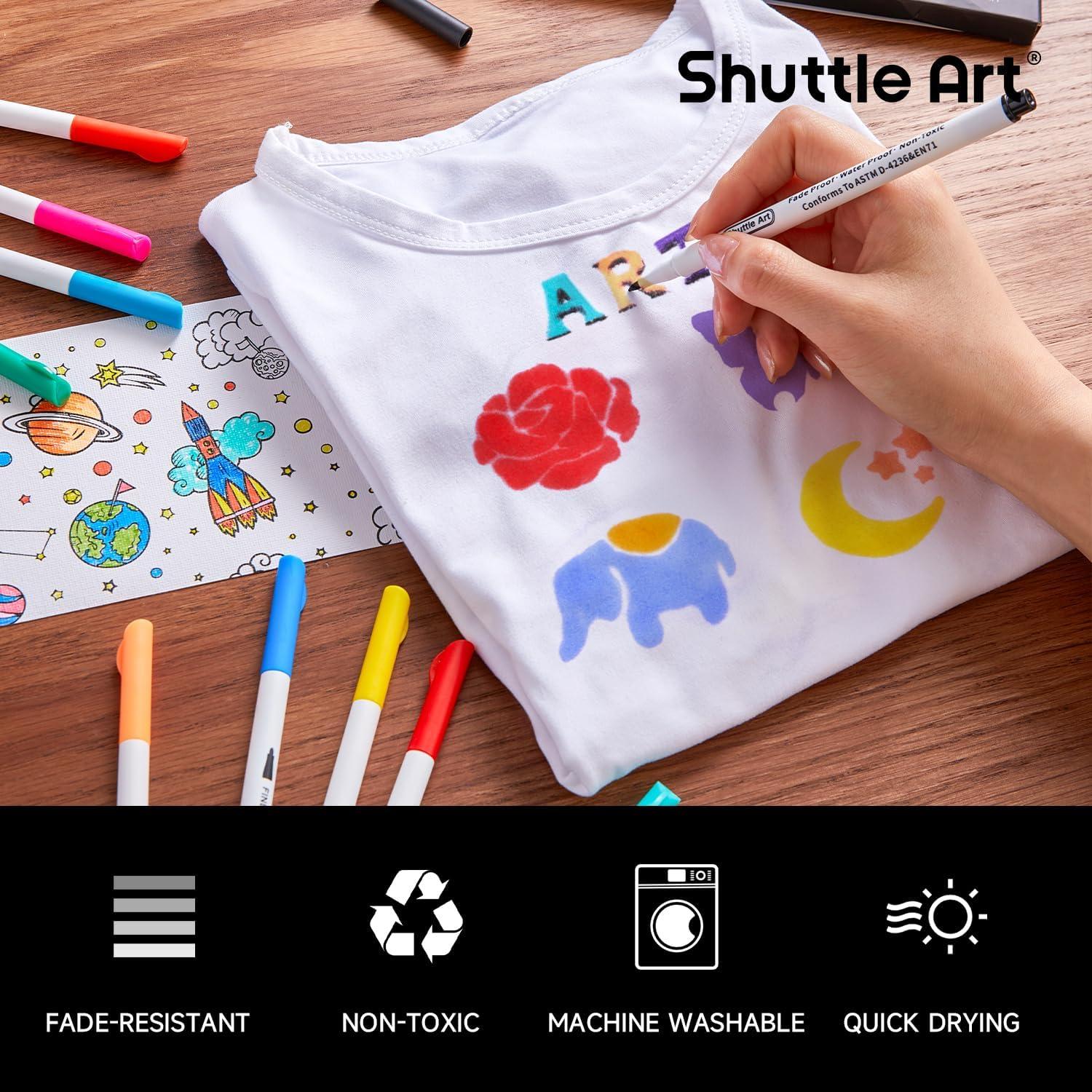 image:imageShuttle Art 28 Colors Fabric Markers Shirt Permanent Markers for Clothes Sneakers Jeans with 11 Stencils 1 Fabric Sheet Fabric Pens for Kids Adult Painting Writing Pack of 2