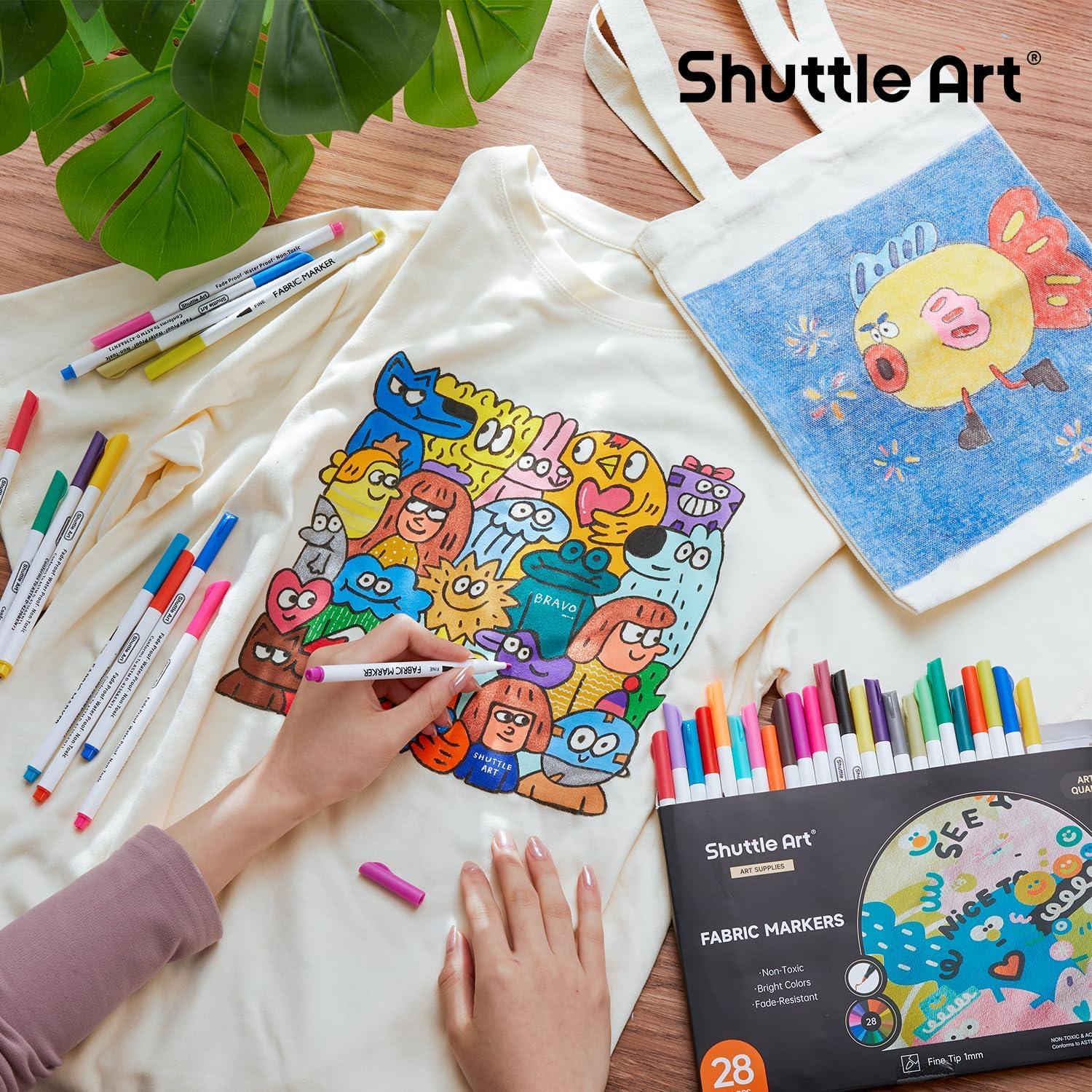image:imageShuttle Art 28 Colors Fabric Markers Shirt Permanent Markers for Clothes Sneakers Jeans with 11 Stencils 1 Fabric Sheet Fabric Pens for Kids Adult Painting Writing Pack of 2