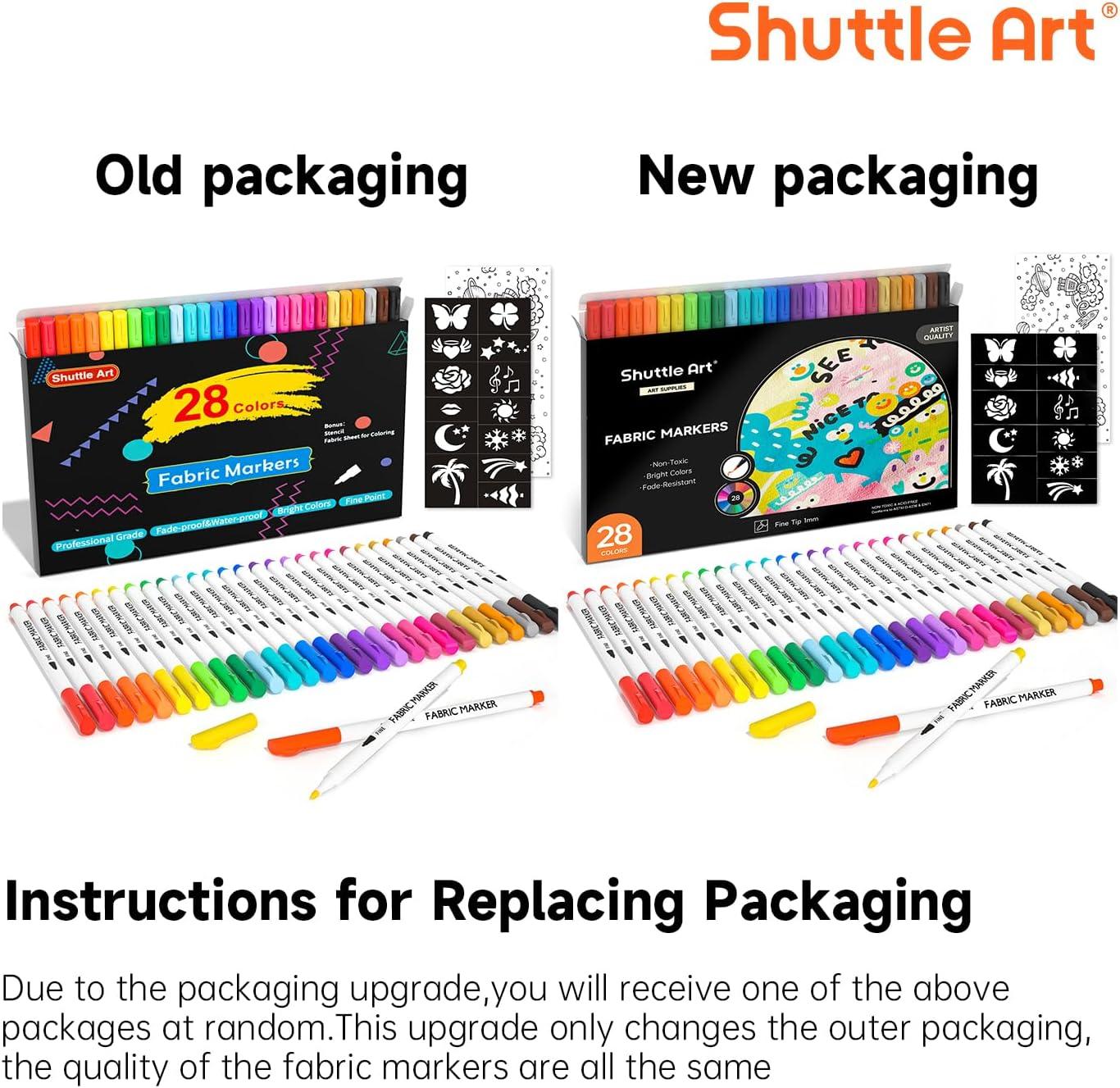 image:imageShuttle Art 28 Colors Fabric Markers Shirt Permanent Markers for Clothes Sneakers Jeans with 11 Stencils 1 Fabric Sheet Fabric Pens for Kids Adult Painting Writing Pack of 2