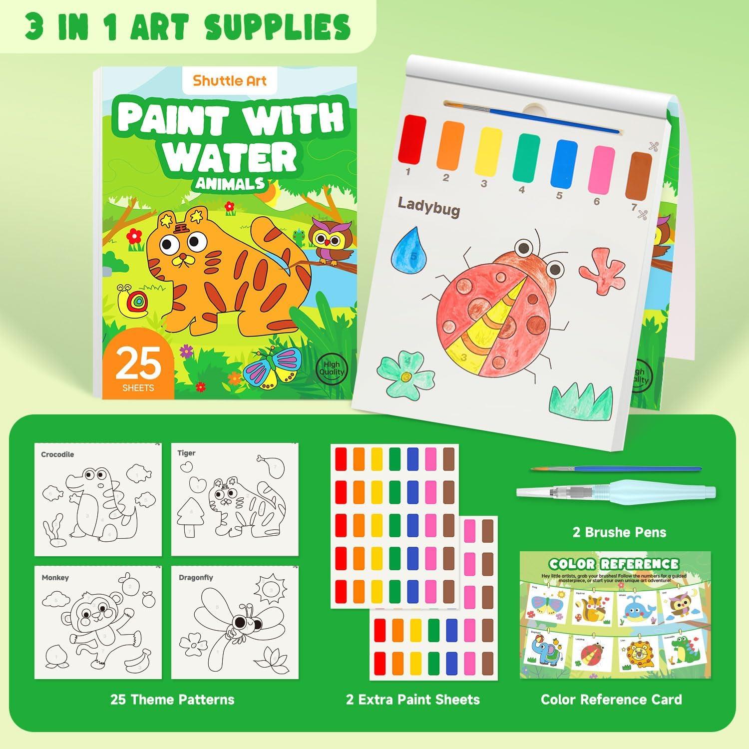 image:imageShuttle Art 335 Piece Kids Art Set Paint with Water Coloring Book for Kids 25 Animals Themed Pages with 2 Brushes