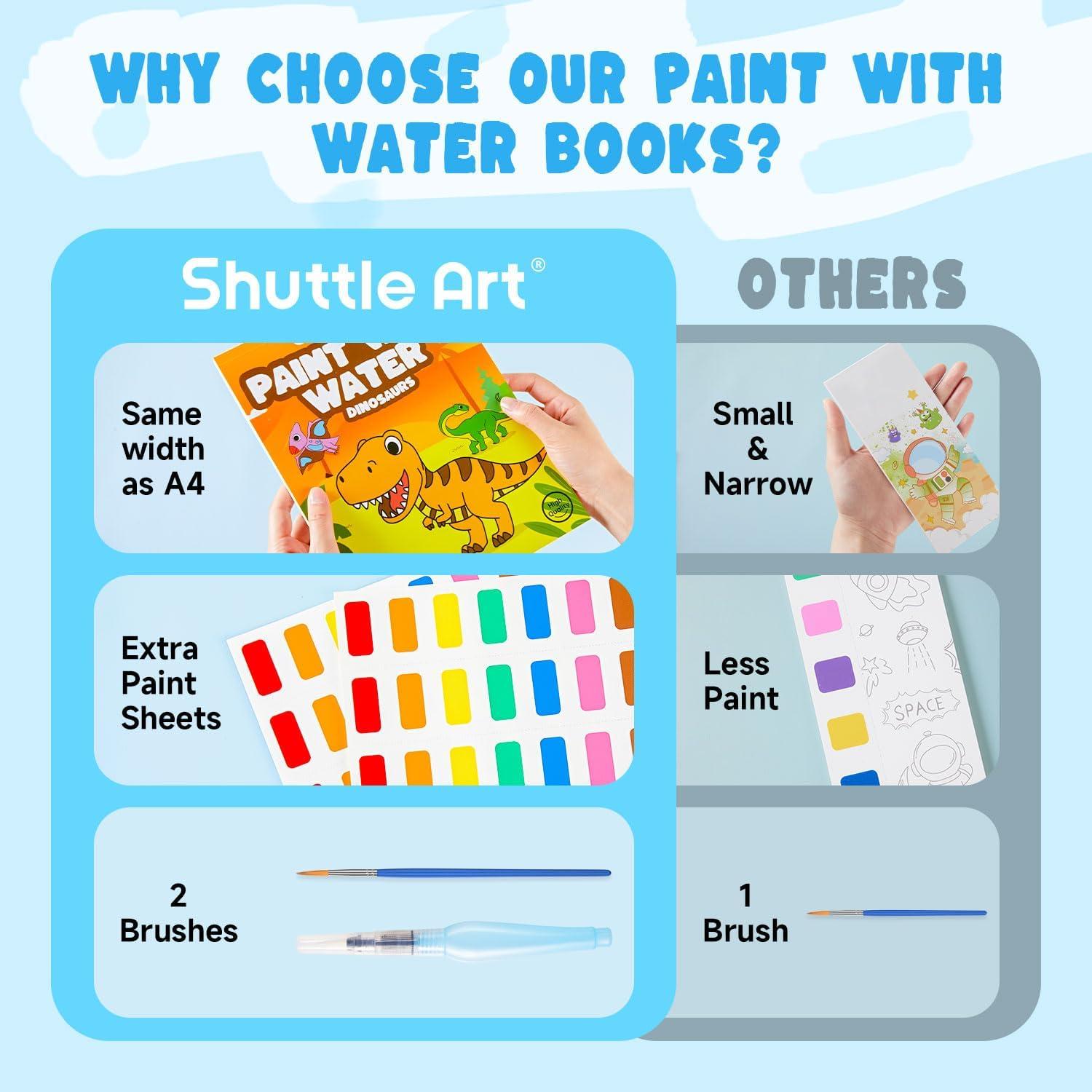 image:imageShuttle Art 335 Piece Kids Art Set Paint with Water Coloring Book for Kids 25 Dinosaur Themed Pages with 2 Brushes