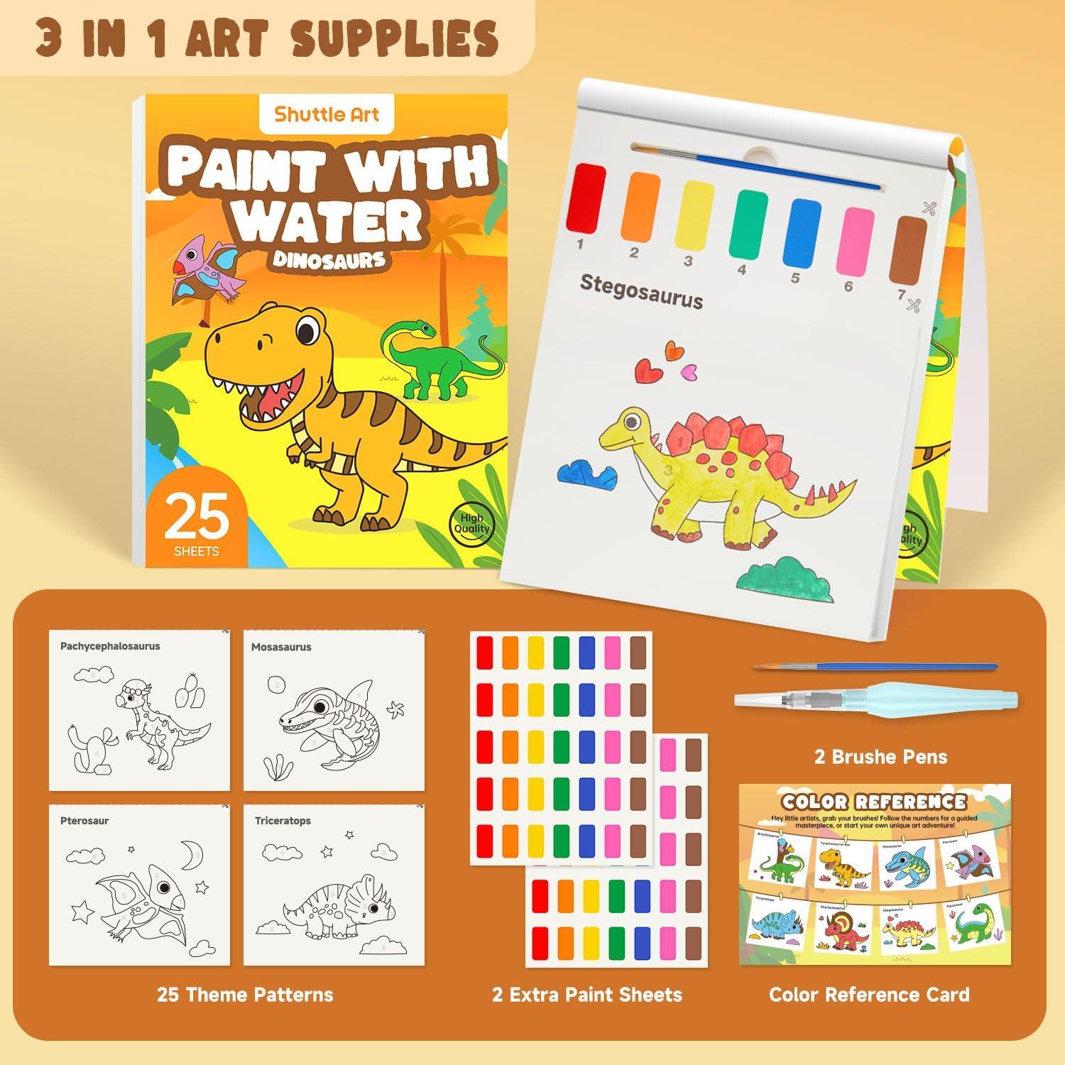 image:imageShuttle Art 335 Piece Kids Art Set Paint with Water Coloring Book for Kids 25 Dinosaur Themed Pages with 2 Brushes