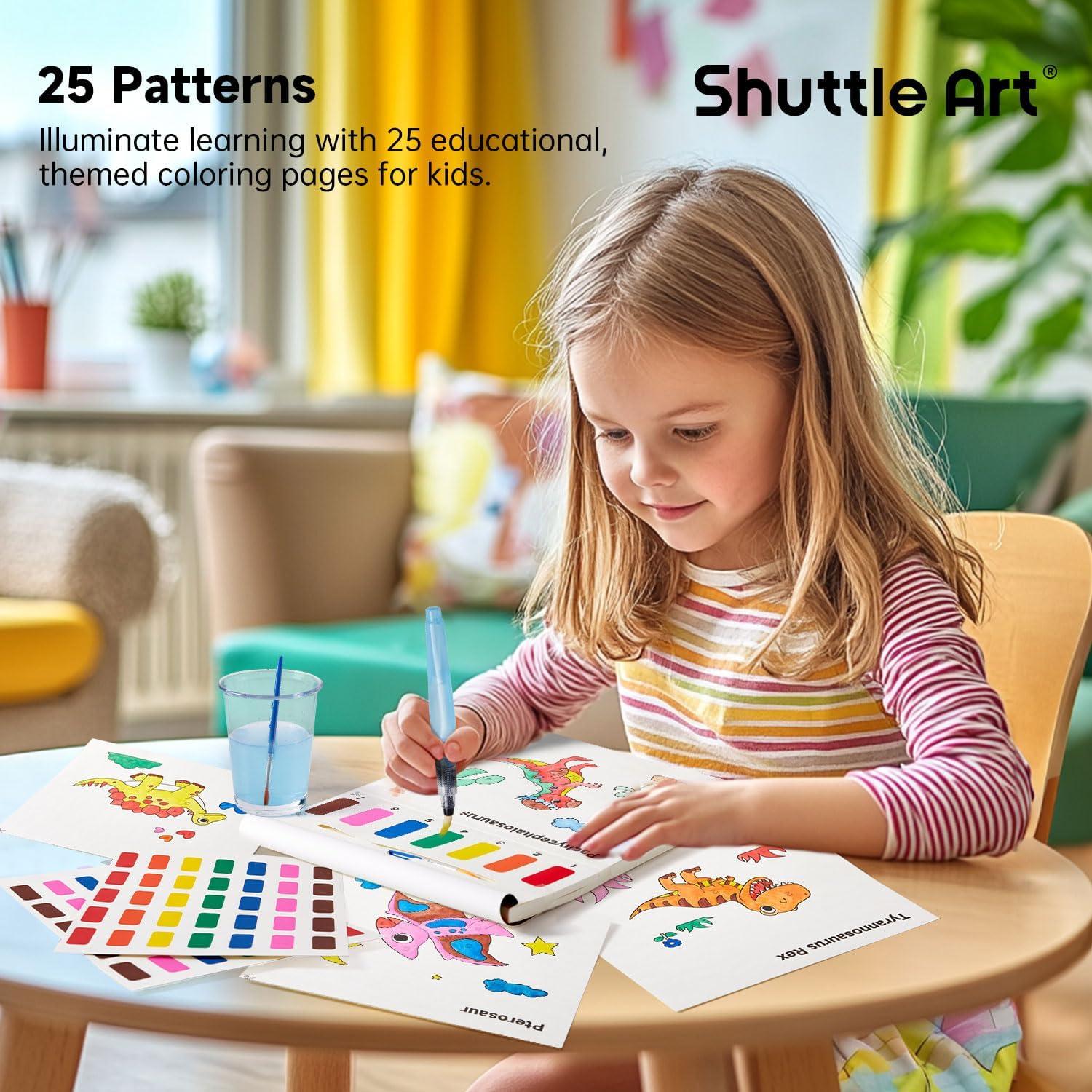 image:imageShuttle Art 335 Piece Kids Art Set Paint with Water Coloring Book for Kids 25 Dinosaur Themed Pages with 2 Brushes