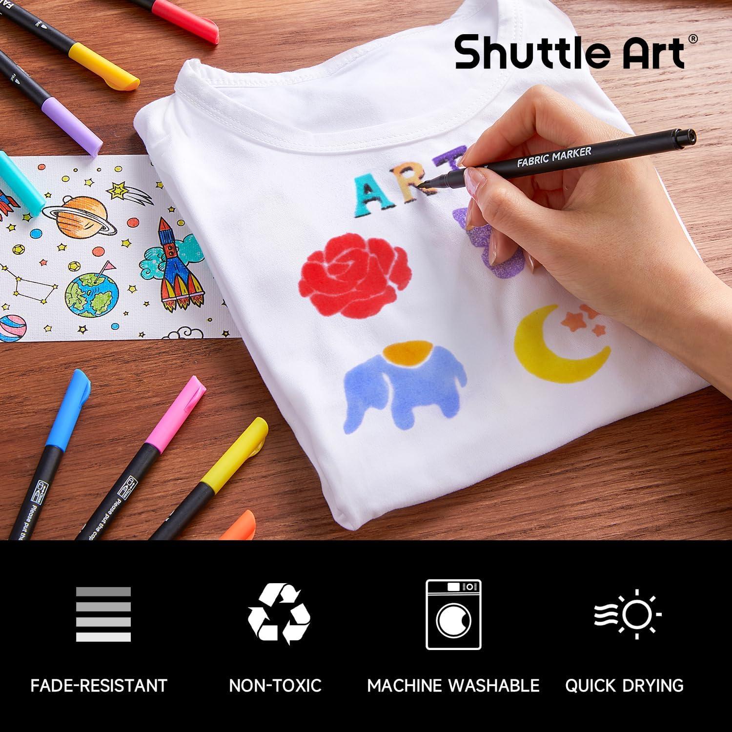 image:imageShuttle Art 36 Colors Fabric Markers Permanent Shirt Markers for Clothes Sneakers Jeans with 11 Stencils 1 Fabric Sheet Fabric Pens for Kids Adult Painting Writing Pack of 2