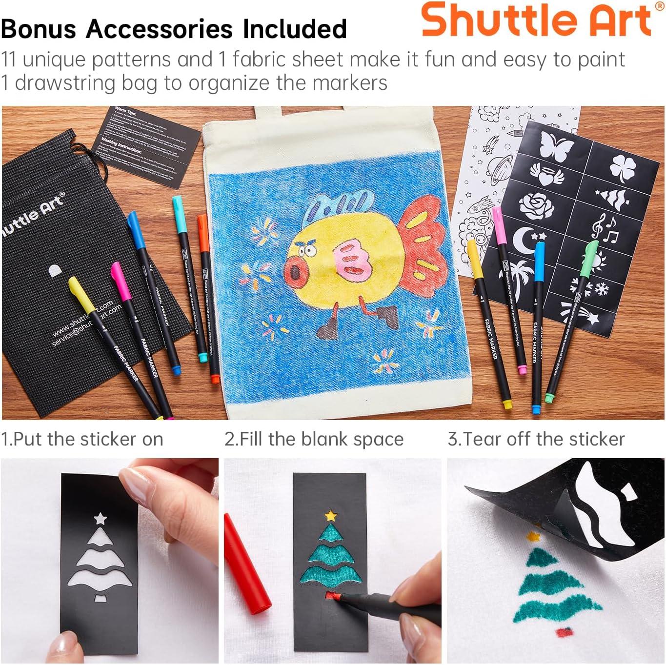 image:imageShuttle Art 36 Colors Fabric Markers Permanent Shirt Markers for Clothes Sneakers Jeans with 11 Stencils 1 Fabric Sheet Fabric Pens for Kids Adult Painting Writing Pack of 2