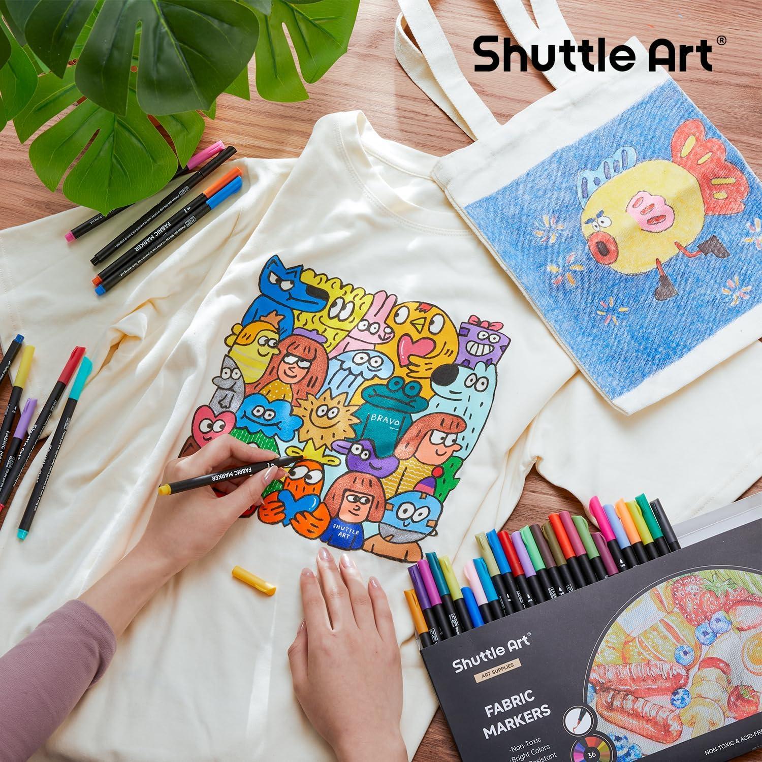 image:imageShuttle Art 36 Colors Fabric Markers Permanent Shirt Markers for Clothes Sneakers Jeans with 11 Stencils 1 Fabric Sheet Fabric Pens for Kids Adult Painting Writing Pack of 2