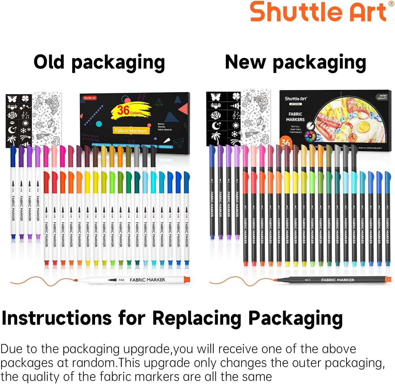 image:imageShuttle Art 36 Colors Fabric Markers Permanent Shirt Markers for Clothes Sneakers Jeans with 11 Stencils 1 Fabric Sheet Fabric Pens for Kids Adult Painting Writing Pack of 2
