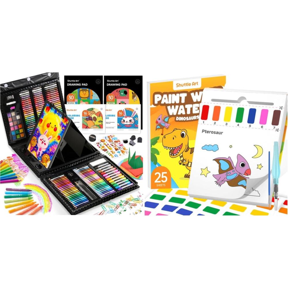 image:imageShuttle Art 335 Piece Kids Art Set Paint with Water Coloring Book for Kids 25 Dinosaur Themed Pages with 2 Brushes