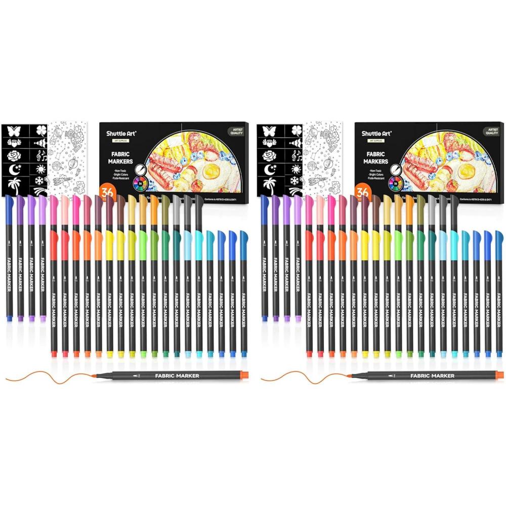 image:imageShuttle Art 36 Colors Fabric Markers Permanent Shirt Markers for Clothes Sneakers Jeans with 11 Stencils 1 Fabric Sheet Fabric Pens for Kids Adult Painting Writing Pack of 2