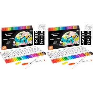 Shuttle Art 28 Colors Fabric Markers, Shirt Permanent Markers for Clothes Sneakers Jeans with 11 Stencils 1 Fabric Sheet, Fabric Pens for Kids Adult Painting Writing (Pack of 2)