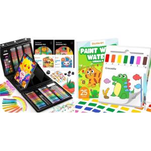 Shuttle Art 335 Piece Kids Art Set Paint with Water Coloring Book for Kids, 25 Animals Themed Pages with 2 Brushes