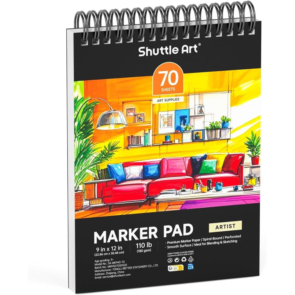image:imageShuttle Art Marker Pad 89x83 Portable Sketchbook 40 Sheets Marker Drawing Paper 110LB180GSM Smooth Surface Bleedproof Art Paper SpiralBound Great for Beginners to Draw Paint amp Sketch12x9 inch