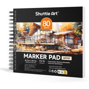 Shuttle Art Marker Pad, 8.9”x8.3” Portable Sketchbook, 40 Sheets Marker Drawing Paper, 110LB/180GSM Smooth Surface Bleedproof Art Paper, Spiral-Bound, Great for Beginners to Draw, Paint & Sketch(8.3×8.9 inch)