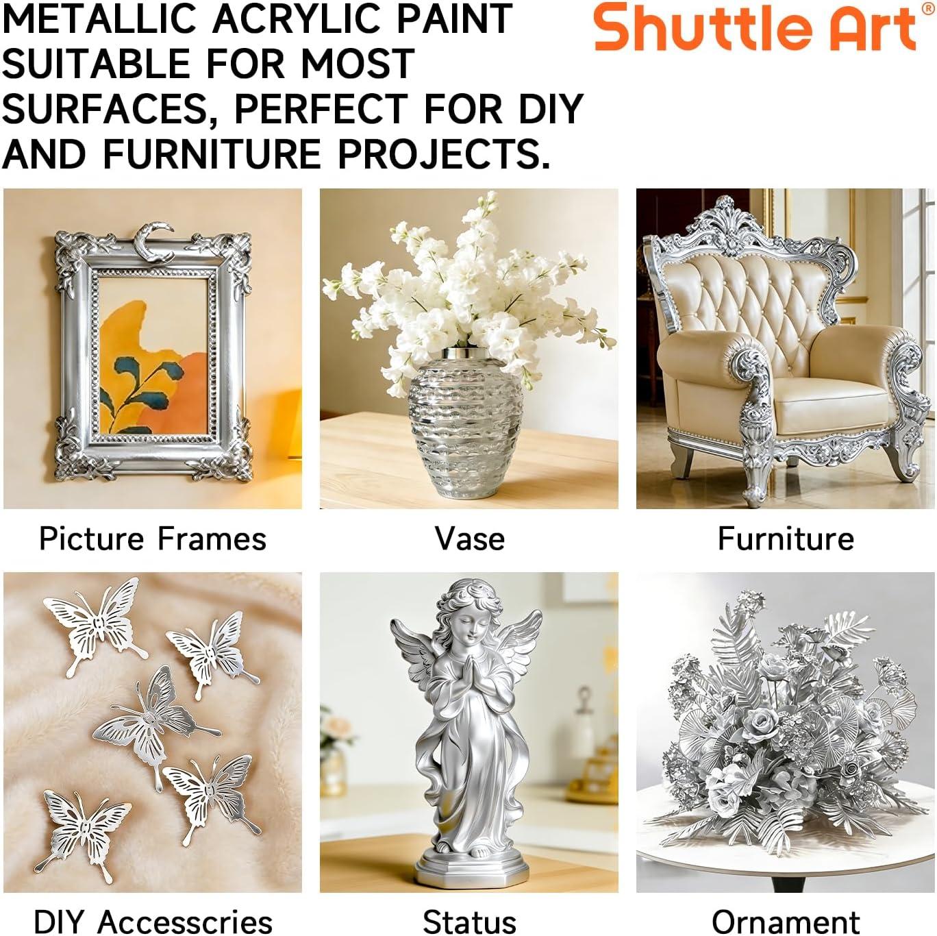 image:imageShuttle Art Metallic Pearl White Acrylic Paint 845 oz 250 ml Pearlescent Acrylic Paint With Brush Non Toxic Non Fading Shimmer White Paint for Crafts Metal Wood Clay Ceramic Canvas FurnitureSilver