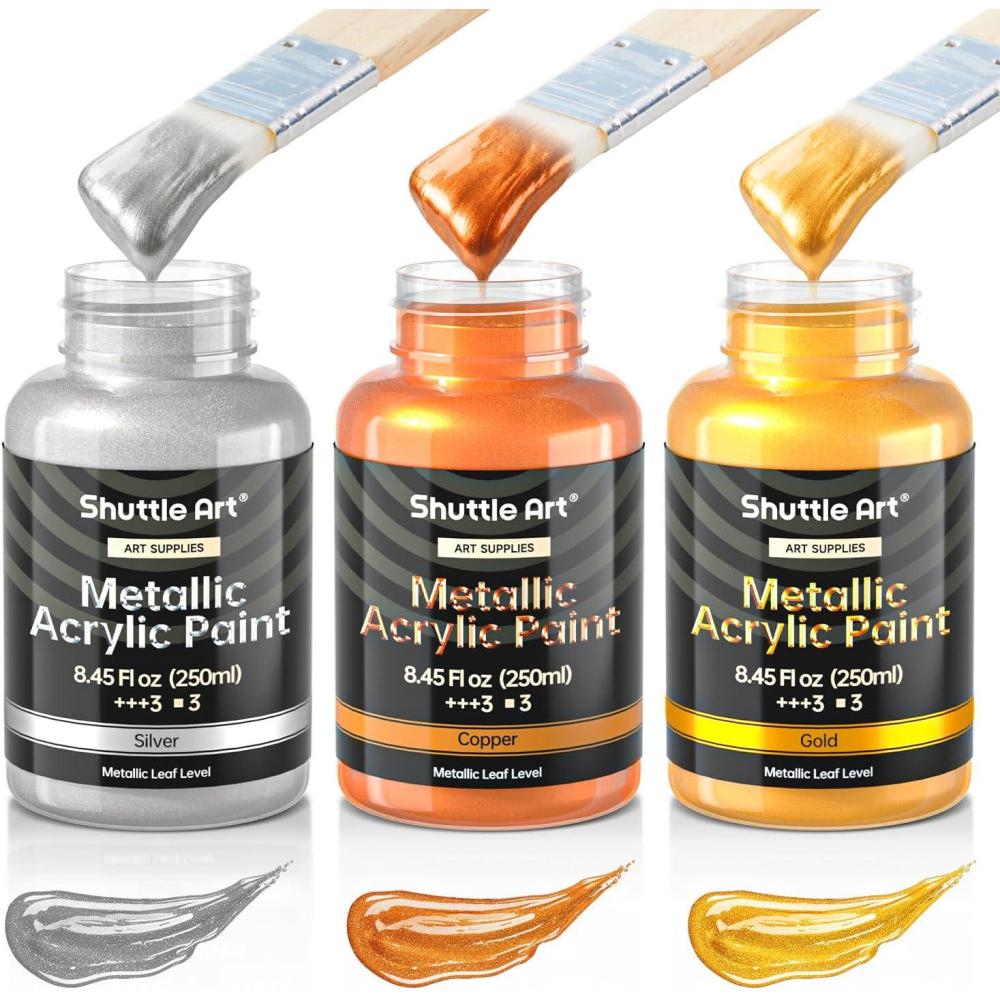 image:imageShuttle Art Metallic Pearl White Acrylic Paint 845 oz 250 ml Pearlescent Acrylic Paint With Brush Non Toxic Non Fading Shimmer White Paint for Crafts Metal Wood Clay Ceramic Canvas FurnitureGoldSilverCopper