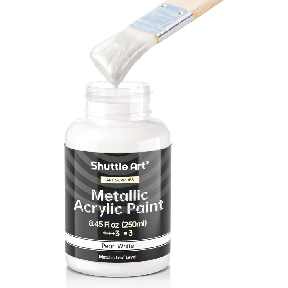 image:imageShuttle Art Metallic Pearl White Acrylic Paint 845 oz 250 ml Pearlescent Acrylic Paint With Brush Non Toxic Non Fading Shimmer White Paint for Crafts Metal Wood Clay Ceramic Canvas FurniturePearl White