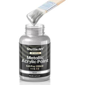 Shuttle Art Metallic Pearl White Acrylic Paint, 8.45 oz (250 ml) Pearlescent Acrylic Paint With Brush, Non Toxic, Non Fading Shimmer White Paint for Crafts, Metal, Wood, Clay, Ceramic, Canvas, Furniture(Silver)