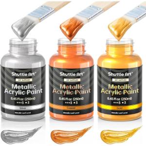 Shuttle Art Metallic Pearl White Acrylic Paint, 8.45 oz (250 ml) Pearlescent Acrylic Paint With Brush, Non Toxic, Non Fading Shimmer White Paint for Crafts, Metal, Wood, Clay, Ceramic, Canvas, Furniture(Gold/Silver/Copper)