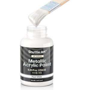 Shuttle Art Metallic Pearl White Acrylic Paint, 8.45 oz (250 ml) Pearlescent Acrylic Paint With Brush, Non Toxic, Non Fading Shimmer White Paint for Crafts, Metal, Wood, Clay, Ceramic, Canvas, Furniture(Pearl White)