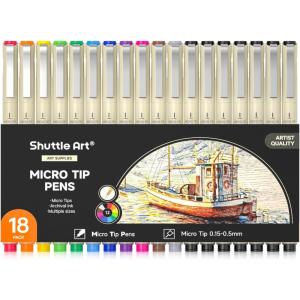 Shuttle Art 36-Pack Micro-line Pens – 11 Waterproof Archival Ink Colors in 0.3MM Felt Tip & 7 Blacks in 0.15-0.5MM For Journaling, Illustrating & Drawing(18 Count (Pack of 1))