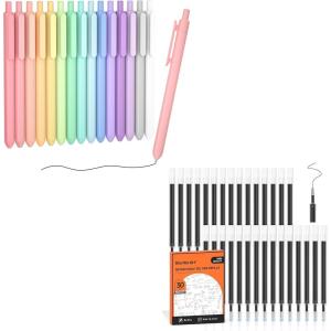 Shuttle Art School & Work Supplies Bundle, 15 Pack Pastel Gel Ink Pens in black ink, 0.5mm Tip + 30 Pack Black Retractable Gel Pen Refills 0.7mm Point for Writing Journaling Taking Notes School Office