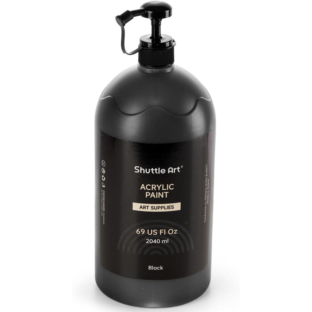 image:imageShuttle Art Black Acrylic Paint 69oz2040ml Large Capacity Pump Bottle with Cover High Coverage True Black Fast Drying NonToxic Art Paint for Artists Students Kids amp DIY Crafts