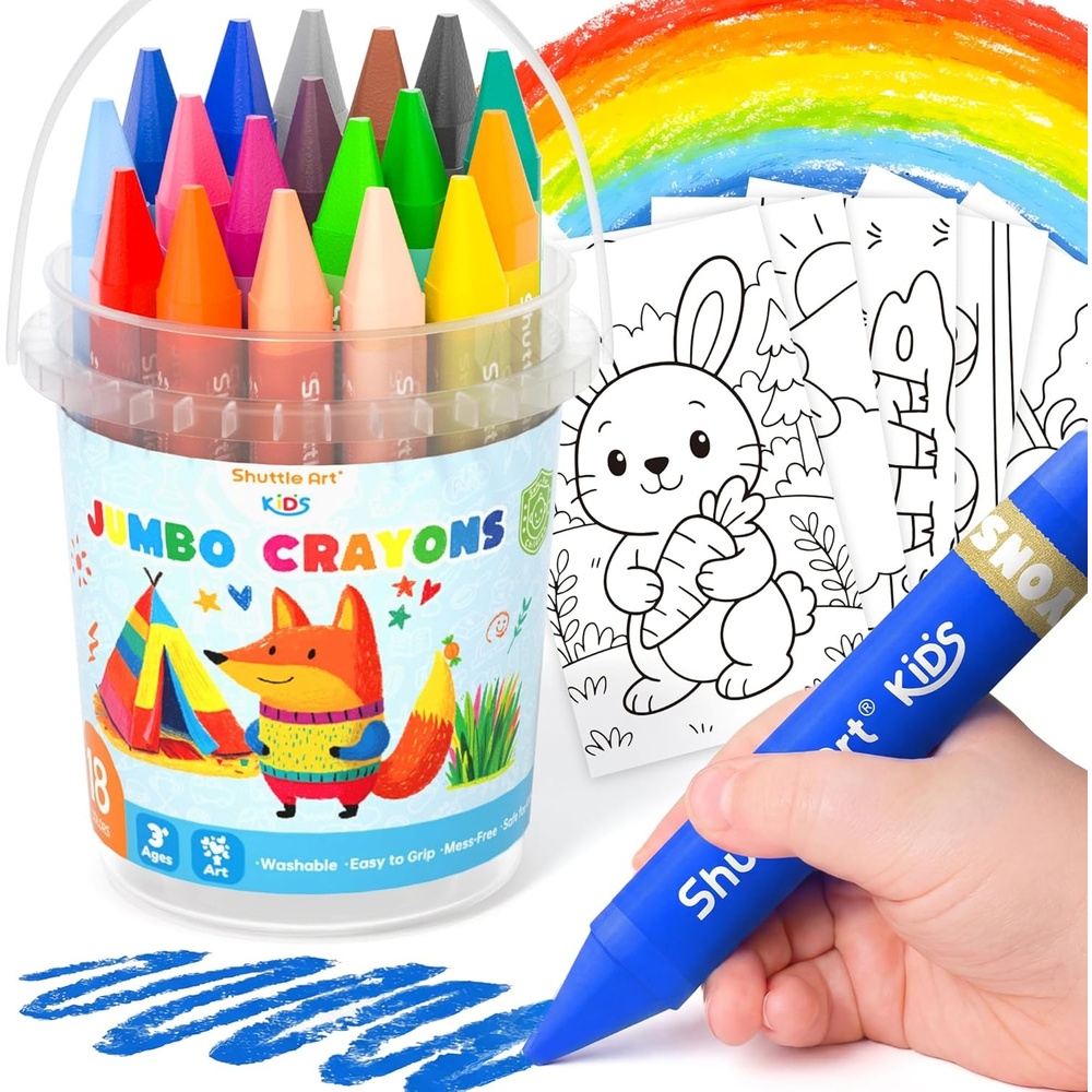 image:imageShuttle Art Jumbo Crayons for Toddlers 18 Colors Triangle Crayons with Coloring Sheets amp PDF Pages Non Toxic Washable for kids Coloring Gifts amp MessFree Art Supplies