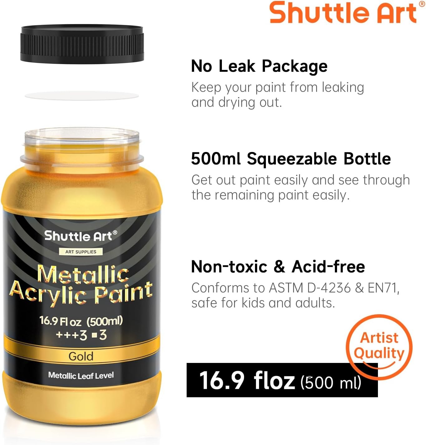 image:imageShuttle Art Metallic Gold Acrylic Paint 845 oz250 ml Gold Leaf Paint With Brush Non Toxic Non Fading Gold Paint for Crafts Metal Wood Clay Ceramic Canvas FurnitureGold