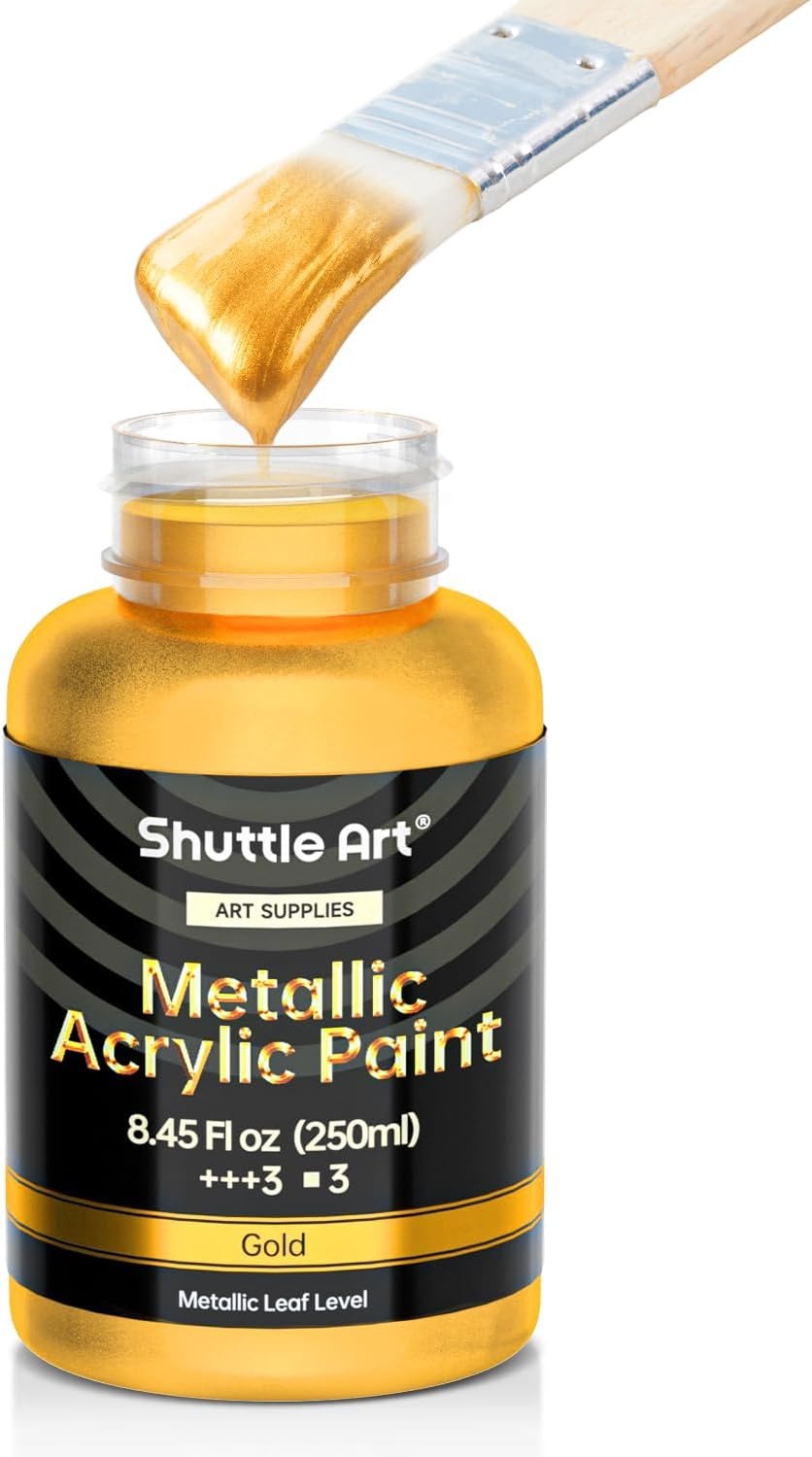 image:imageShuttle Art Metallic Gold Acrylic Paint 845 oz250 ml Gold Leaf Paint With Brush Non Toxic Non Fading Gold Paint for Crafts Metal Wood Clay Ceramic Canvas FurnitureGold