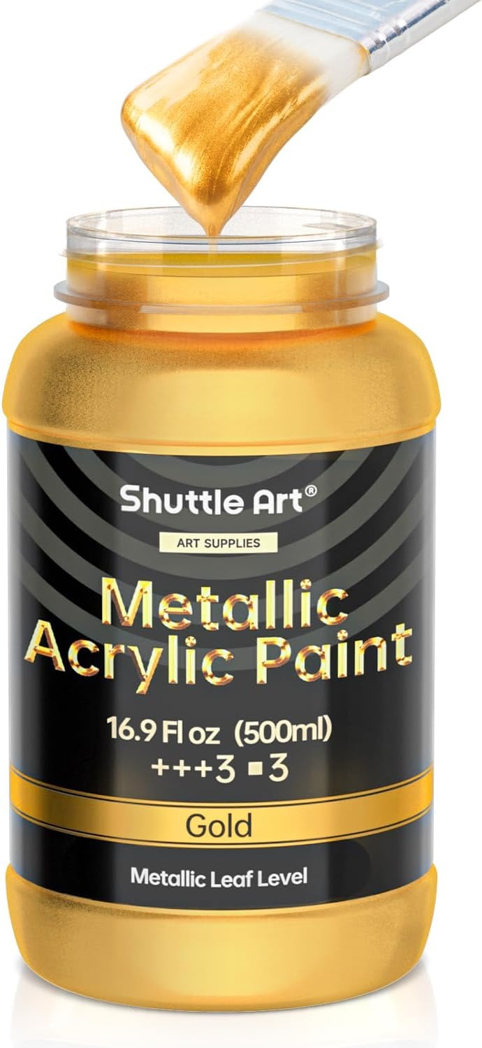 image:imageShuttle Art Metallic Gold Acrylic Paint 845 oz250 ml Gold Leaf Paint With Brush Non Toxic Non Fading Gold Paint for Crafts Metal Wood Clay Ceramic Canvas FurnitureGold