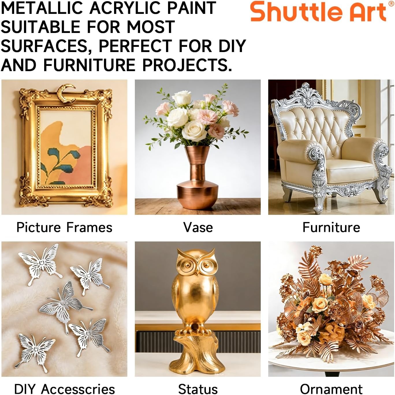 image:imageShuttle Art Metallic Gold Acrylic Paint 845 oz250 ml Gold Leaf Paint With Brush Non Toxic Non Fading Gold Paint for Crafts Metal Wood Clay Ceramic Canvas FurnitureGoldSilverCopper