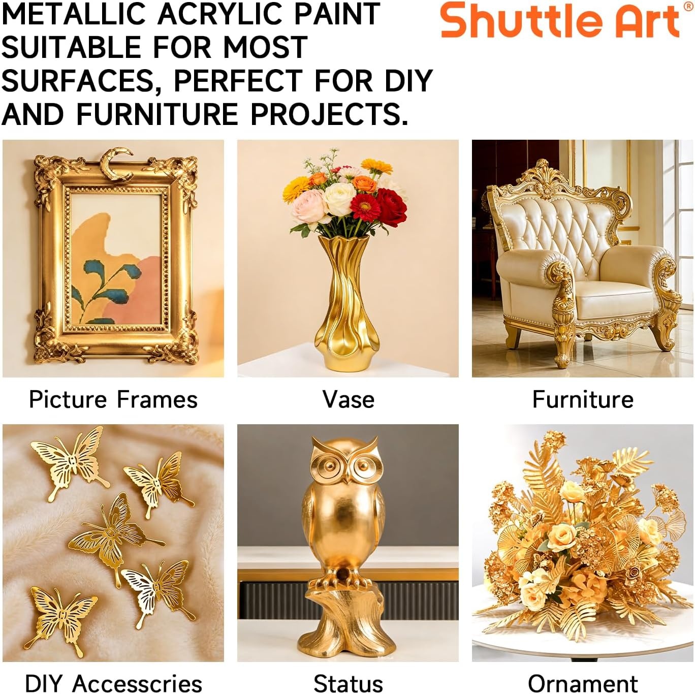 image:imageShuttle Art Metallic Gold Acrylic Paint 845 oz250 ml Gold Leaf Paint With Brush Non Toxic Non Fading Gold Paint for Crafts Metal Wood Clay Ceramic Canvas FurnitureGold