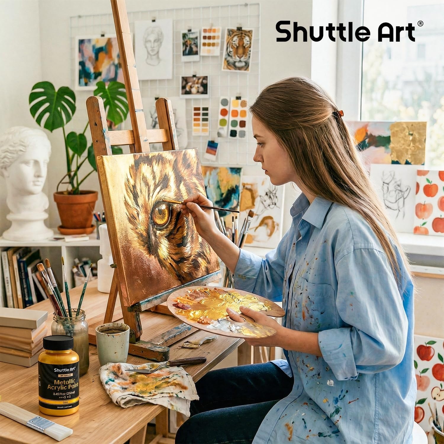 image:imageShuttle Art Metallic Gold Acrylic Paint 845 oz250 ml Gold Leaf Paint With Brush Non Toxic Non Fading Gold Paint for Crafts Metal Wood Clay Ceramic Canvas FurnitureGold
