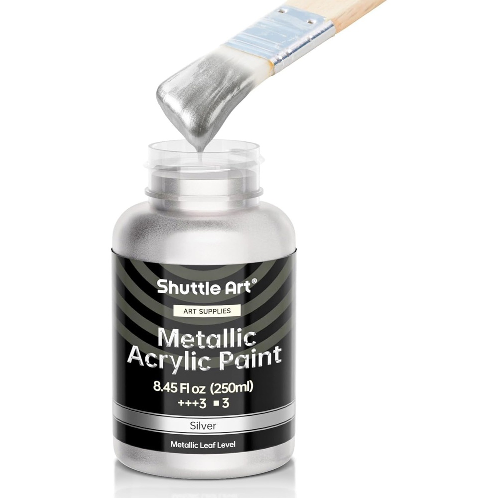 image:imageShuttle Art Metallic Gold Acrylic Paint 845 oz250 ml Gold Leaf Paint With Brush Non Toxic Non Fading Gold Paint for Crafts Metal Wood Clay Ceramic Canvas FurnitureSilver