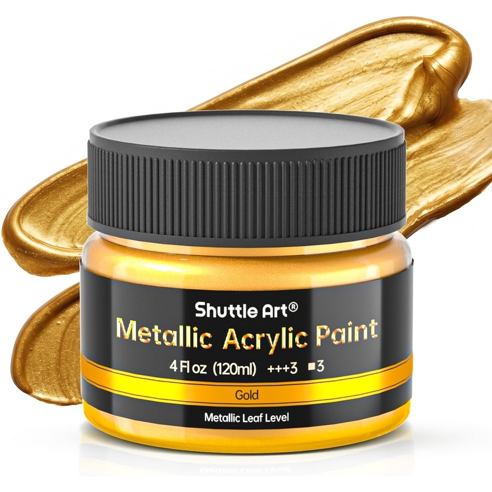 image:imageShuttle Art Metallic Gold Acrylic Paint 845 oz250 ml Gold Leaf Paint With Brush Non Toxic Non Fading Gold Paint for Crafts Metal Wood Clay Ceramic Canvas FurnitureGold