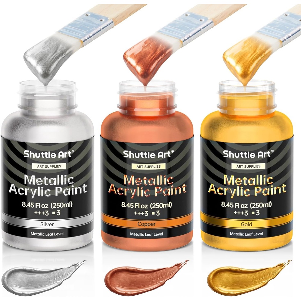 image:imageShuttle Art Metallic Gold Acrylic Paint 845 oz250 ml Gold Leaf Paint With Brush Non Toxic Non Fading Gold Paint for Crafts Metal Wood Clay Ceramic Canvas FurnitureGoldSilverCopper