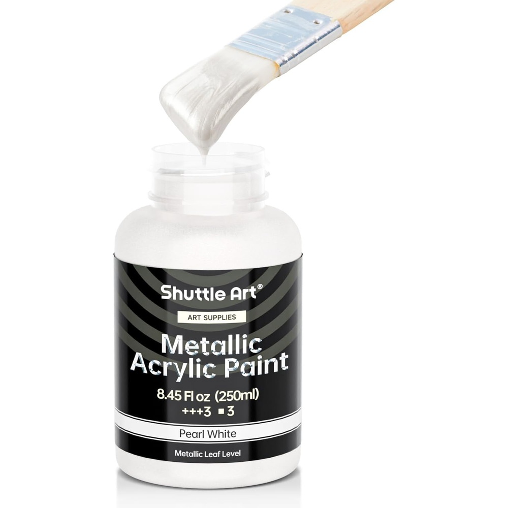 image:imageShuttle Art Metallic Gold Acrylic Paint 845 oz250 ml Gold Leaf Paint With Brush Non Toxic Non Fading Gold Paint for Crafts Metal Wood Clay Ceramic Canvas FurniturePearl White