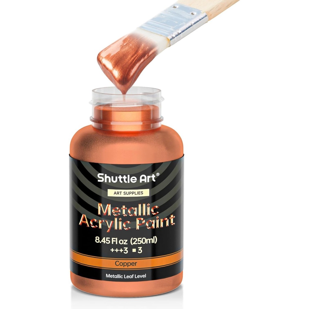 image:imageShuttle Art Metallic Gold Acrylic Paint 845 oz250 ml Gold Leaf Paint With Brush Non Toxic Non Fading Gold Paint for Crafts Metal Wood Clay Ceramic Canvas FurnitureCopper